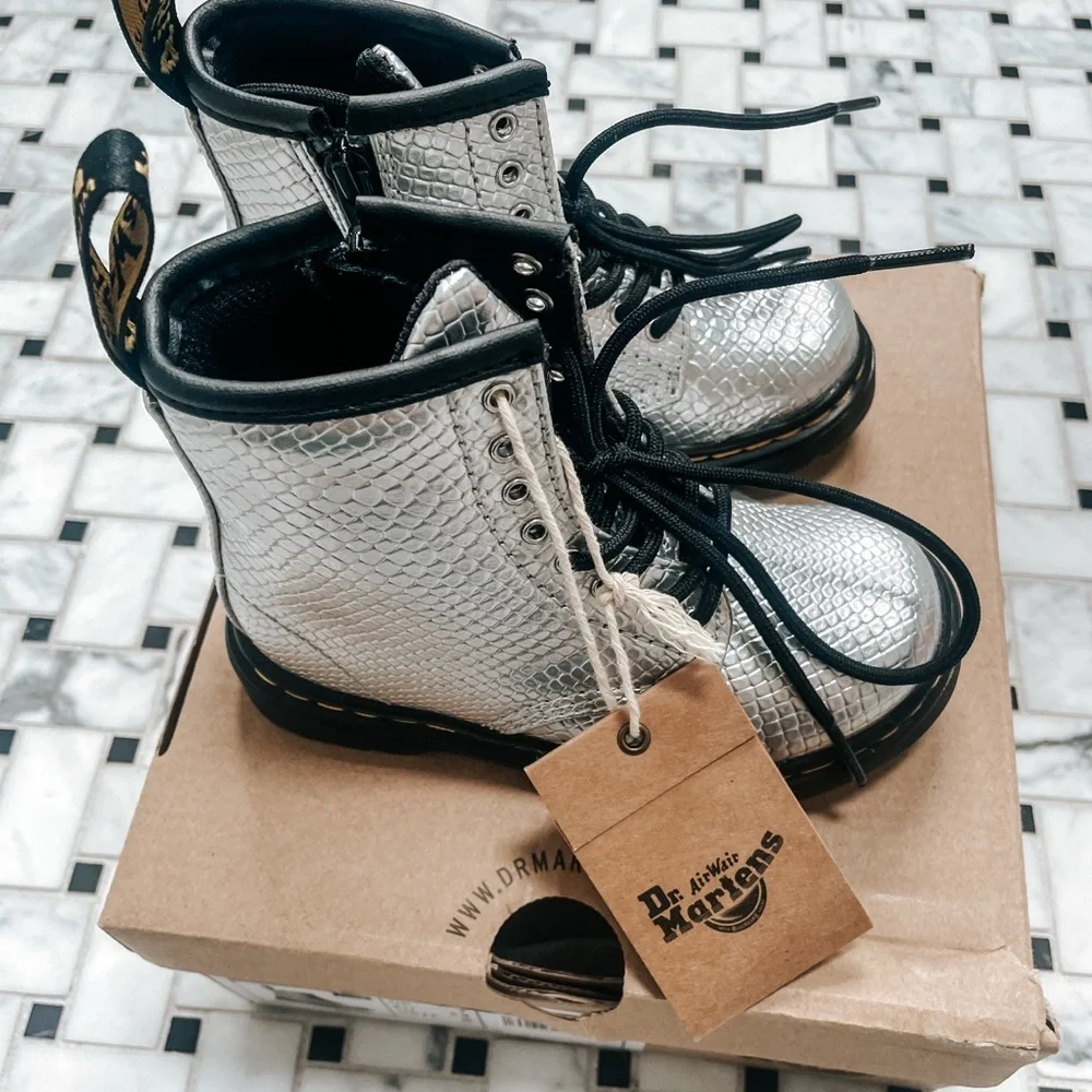 Dr. Martens 1460 T Kids Silver Reptile Emboss Boots Size US 8 EU 24 NWT